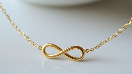 A delicate infinity symbol necklace in gold, neatly displayed on white