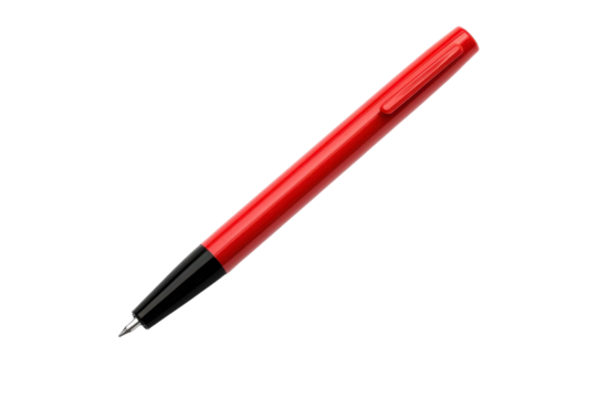 A vivid red pen resting elegantly on a clean white surface, inviting creativity and expression isolated on transparent background