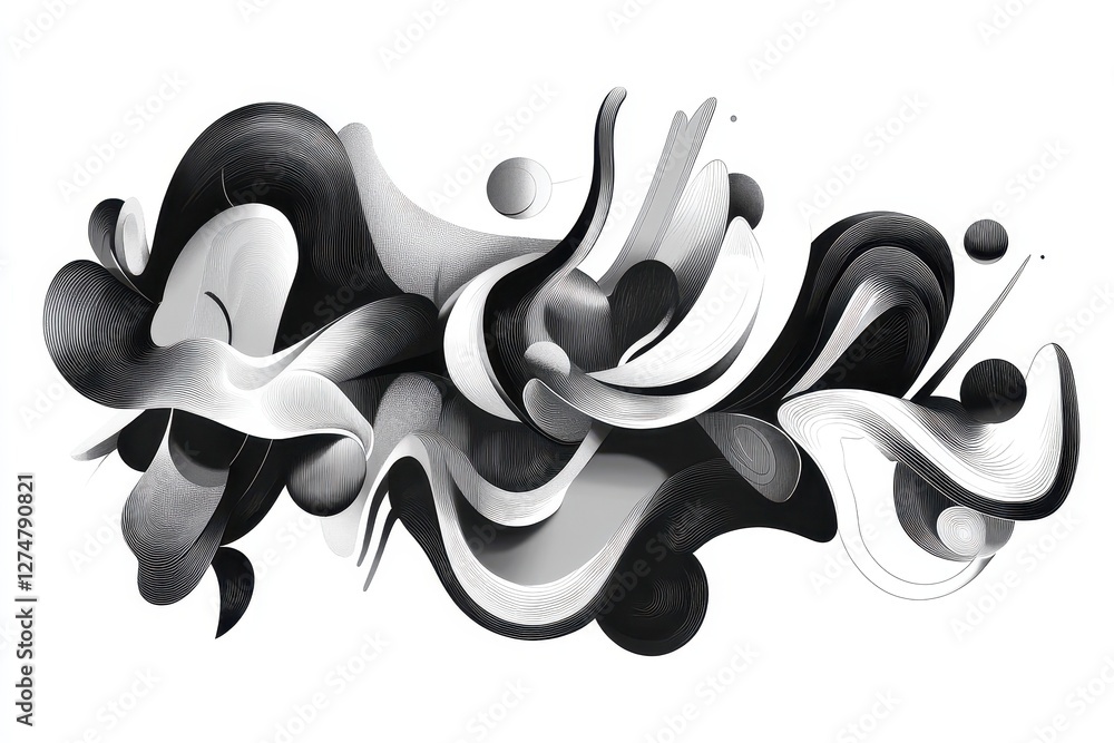 Poster abstract monochrome forms intertwine against a stark white background