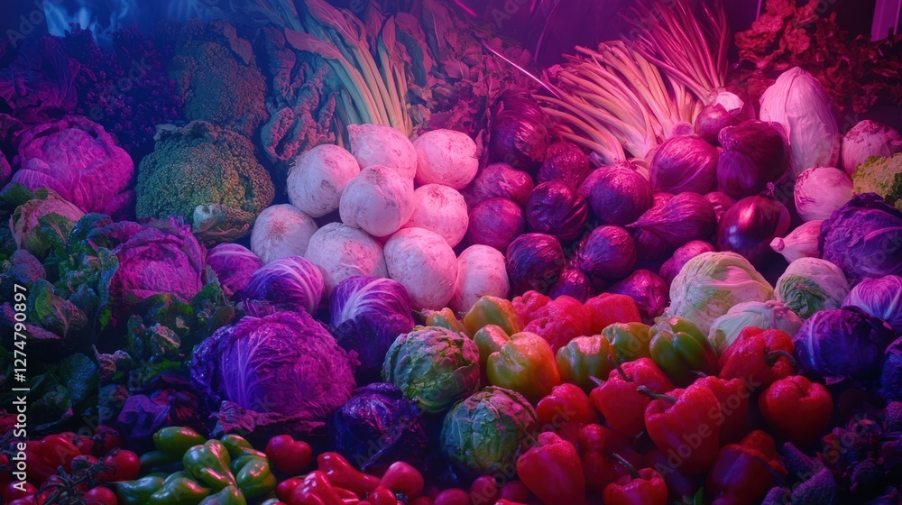 Poster vibrant display of assorted vegetables in a colorful market setting with vivid lighting