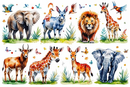Vibrant Watercolor Vector Animal Parade Showcasing Diverse Species