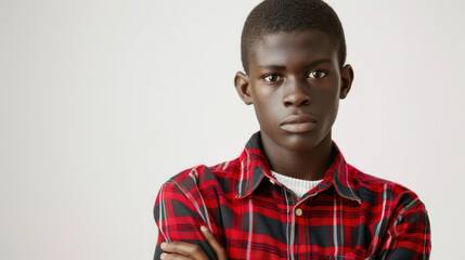 Fototapeta premium A confident African man stands tall with arms crossed against a white backdrop, exuding strength and poise.