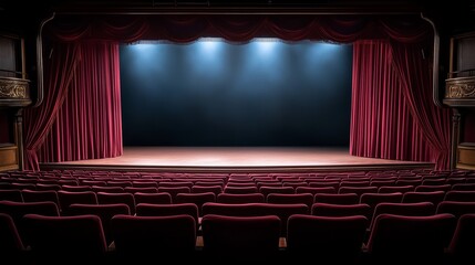 Empty theater stage with red curtains and rows of empty seats