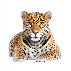 Obraz premium A sleek jaguar poses elegantly against a crisp white background, showcasing its unique spots and powerful physique.
