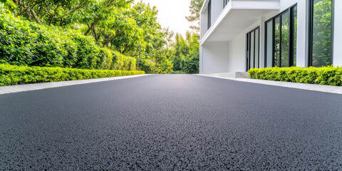 Fresh blacktop asphalt road surface at driveway entrance to house. Repair work. Private drive way, slurry seal project. Re-surfaced Cul-de-sac.