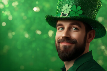 Happy man wearing a green shamrock hat, smiling against a vibrant green background, celebrating St. Patrick's Day