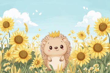 Cartoon hedgehog wearing a crown stands in a sunflower field