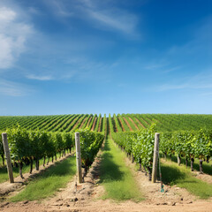Obraz premium Vineyard rows under bright blue sky lush green grapevines agricultural farming wine region landscape summer