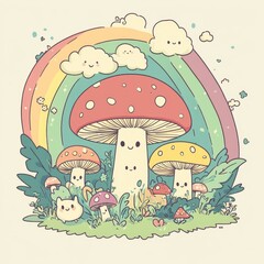 Cute cartoon mushrooms stand beneath a colorful rainbow arch