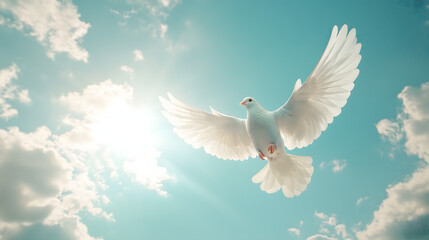 Obraz premium A serene white dove soaring through a bright blue sky with soft clouds, symbolizing peace, freedom, and spirituality