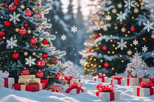 Lush Christmas Landscape with Enchanting Snowflakes and Festive Ribbons