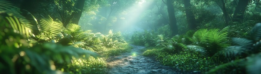 Fototapeta premium Hiking through dense forest with glowing AR trail guidance, vibrant natural setting, dynamic motion, photorealistic