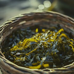 Close-up of basket of freshly harvested seaweed for eating