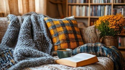 Cozy autumn scene book, tea, blanket, and flowers on sofa.