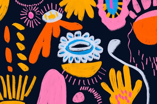 Abstract colorful hand-drawn patterns on dark background