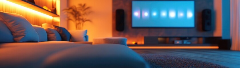 Home theater with projector and glowing holographic movie selection, sleek modern setup, soft ambient lighting, photorealistic