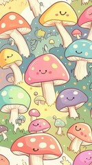 Colorful illustrated mushrooms with smiling faces adorn a whimsical scene