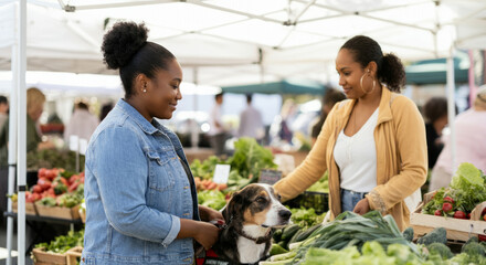 Naklejka premium Two women are shopping at a market with a dog