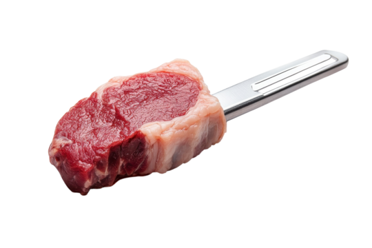 A captivating piece of raw steak artfully positioned on a sleek metal serving tool isolated on transparent background