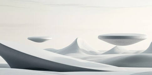 Surreal white landscape with flying saucer shaped objects hover