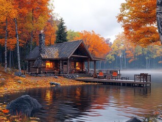 Lakeside cabin in autumn with glowing AR fire controls, vibrant fall colors, cozy atmosphere, photorealistic