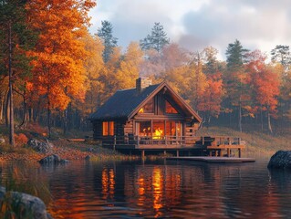 Obraz premium Lakeside cabin in autumn with glowing AR fire controls, vibrant fall colors, cozy atmosphere, photorealistic