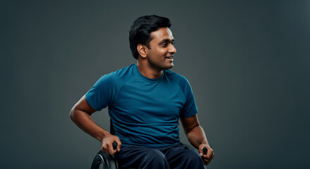 Fototapeta premium A man in a blue shirt is sitting in a wheelchair