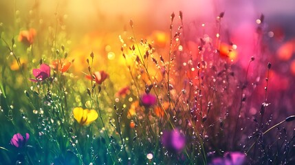Rainbow Dewdrops: A Serene Meadow at Sunrise