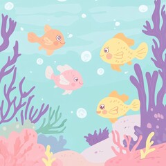 Cute colorful fishes swim in a vibrant ocean environment