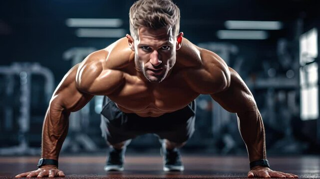 Muscular man showcasing strength by doing onehanded pushups in a gym setting.