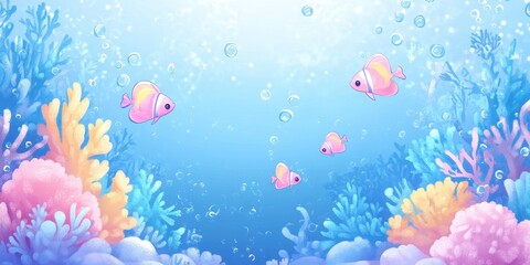 Cute pink fishes swim amongst colorful corals in blue ocean
