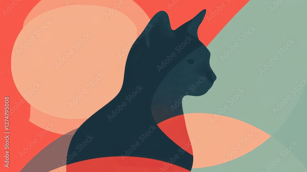 Poster silhouette of a cat with abstract colorful shapes overlaying