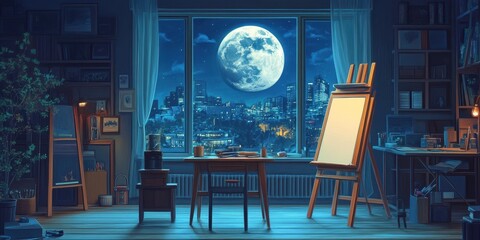 Artist studio with easel and nighttime city view backdrop