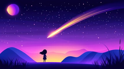 Fototapeta premium Girl Watching Shooting Star Night Sky Landscape Art