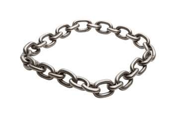 A shiny metallic chain on a smooth white surface, highlighting its intricate design isolated on transparent background