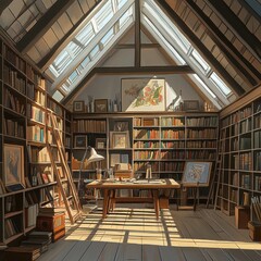 Cozy attic library with books artwork and natural sunlight