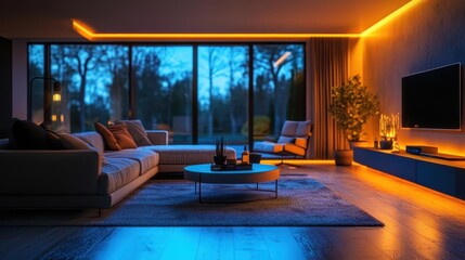 Modern open-plan living space with glowing AR smart home controls, sleek design, vibrant lighting, photorealistic