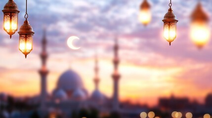 Beautiful sunset over a mosque with lanterns and a crescent moon