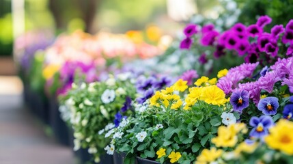 A colorful garden filled with blooming chrysanthemums, pansies, and violets, creating a peaceful, vibrant outdoor scene.