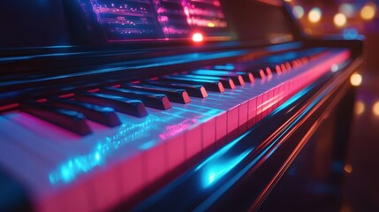 Fototapeta premium Music lesson with a piano teacher, glowing AR sheet music on display, sleek modern studio, vibrant lighting, photorealistic