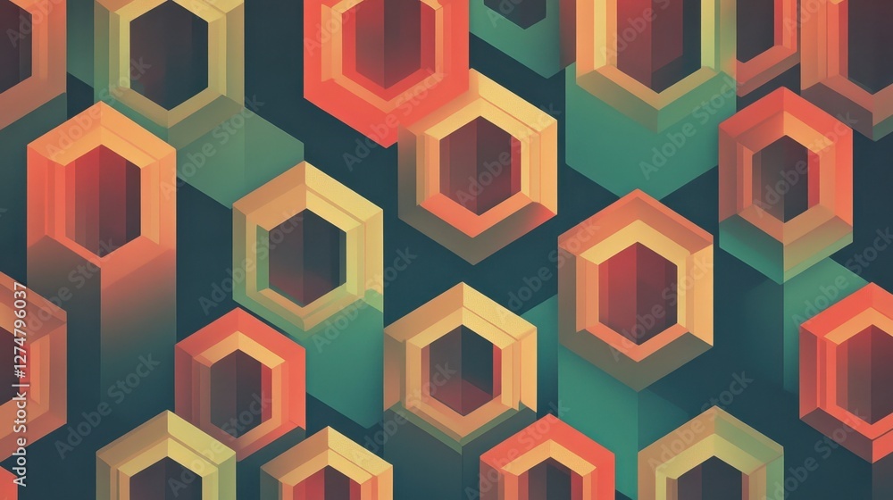 Poster geometric arrangement of colorful layered hexagons with shadows on dark background