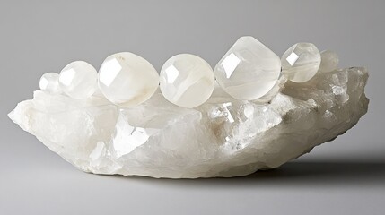 Bold rock crystal pendant with large translucent beads, artistically displayed on gray