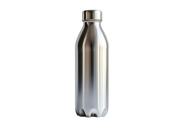 Sleek stainless steel water bottle standing proudly on a minimalist surface under soft lighting isolated on transparent background