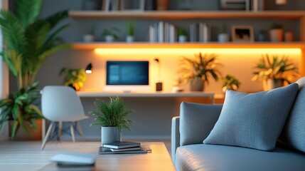 Online tutoring session at home with glowing AR lesson details, sleek modern room, soft natural lighting, photorealistic