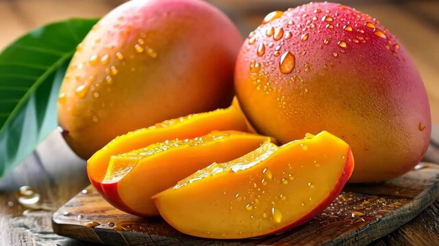 Luscious mango, smooth and vibrant, its orange flesh dripping with delicious juice, Ai Generated.