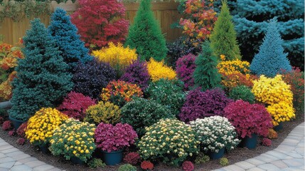 A garden bursting with the colors of autumn flowers like marigolds, chrysanthemums, and asters.