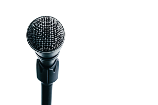 Close-up of a microphone on a stand, ready for an electrifying performance in a lively venue isolated on transparent background