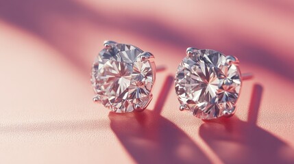 Classic diamond solitaire earrings in white gold, displayed on a luxurious pink background
