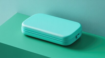 A hard-shell travel case in bright teal, placed on a clean green surface, showing off its sleek curves.
