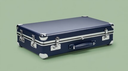 A high-quality, navy blue suitcase with a smooth exterior and built-in lock, displayed on a solid green background.